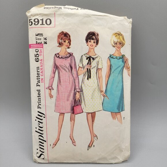 Simplicity 1965 One Piece Dress A Line Sewing Pattern 5910 Size 16 - Picture 1 of 6
